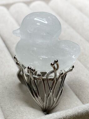 Carved White Crystal Duck Statement Ring
